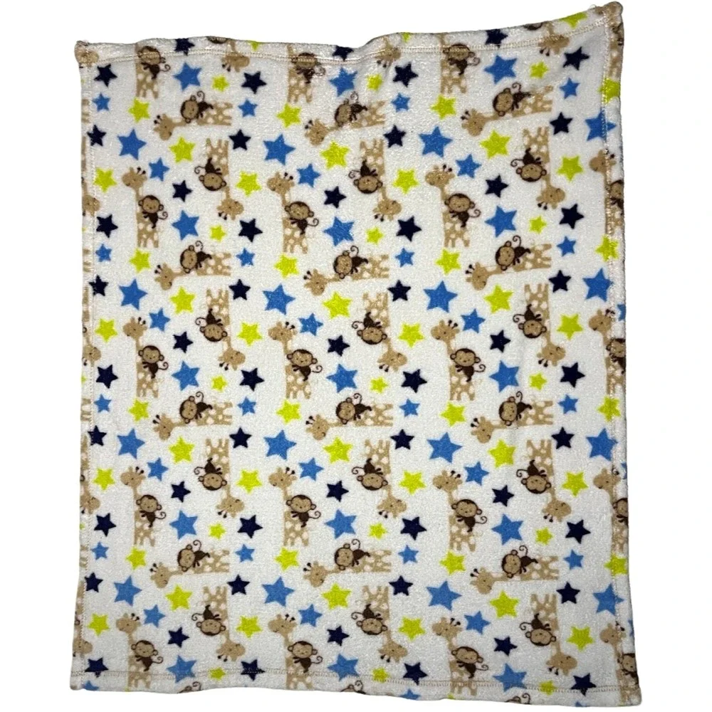 Monkey Giraffe Blue Green Star Baby Blanket White Fleece Cutie Pie?‎ Lovey 32x34